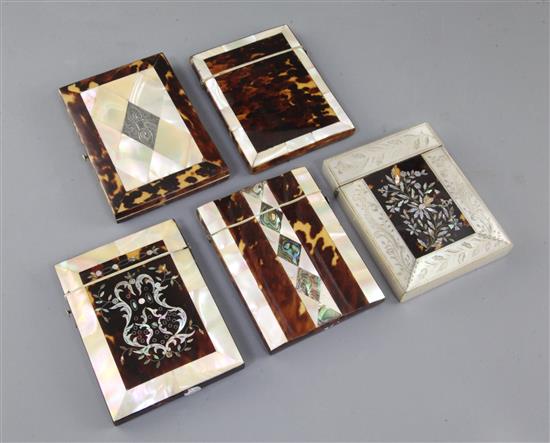 Five Victorian tortoiseshell and mother-of-pearl inlaid card cases, 10.5-11cm